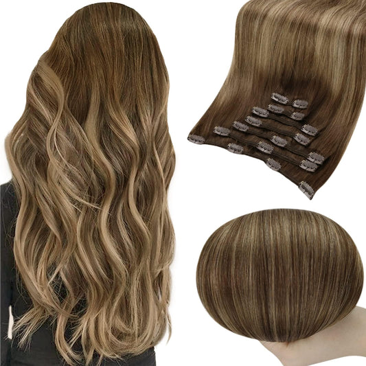 Full Shine Human Hair Extensions Clip In Balayage Medium Brown To Honey Blonde Clip In Hair Extensions Real Human Hair Straight