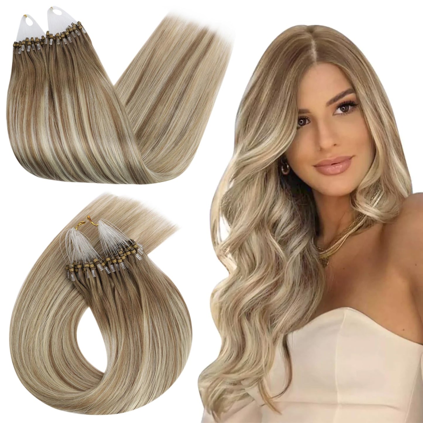 Ugeat Microlink Hair Extensions Ombre Long Length 24 Inch Balayage Micro Bead Hair Extensions Real Human Hair Balayage Light Bro