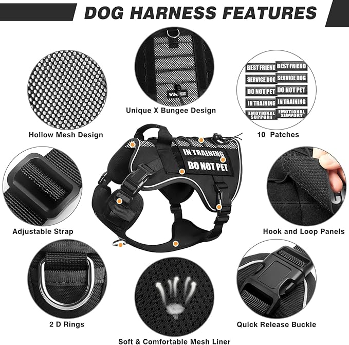 WINSEE Service Dog in Training Mesh Harness with 10 Pet Patches, Soft Air Mesh Breathable Tactical Dog Molle Vest, Reflective Military Pet Vest for Walking Hiking for Large Dogs