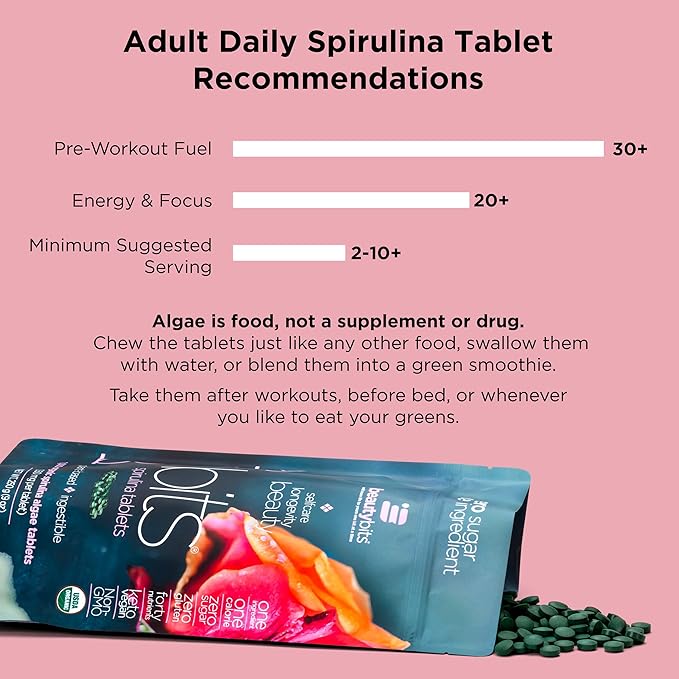 BEAUTYbits - Organic Spirulina Tablets - Algae Superfood - Collagen, Protein, Chlorophyll - Hair, Nails, & Skin Care - Vegan, Keto, Gluten Free - Self Care - Skincare Beauty Gifts - 360 Tablet Can