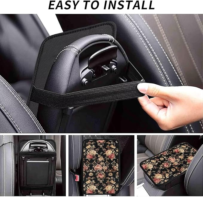 Vintage Flower Car Center Console Cover Rose Floral Girly Car Armrest Cover Universal Car Arm Rest Cover Car Interior Accessories Protector for Vehicle SUV Truck Sedans