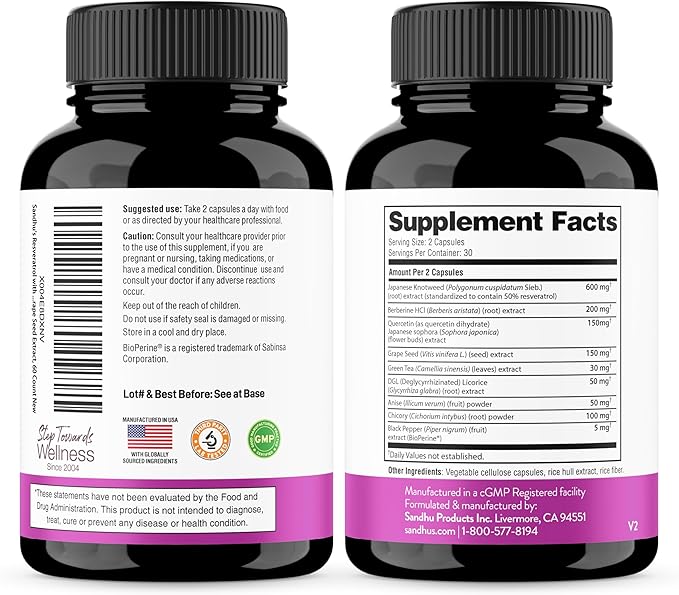 Resveratrol with Berberine for Gut Health | Digestive Supplement for Women and Men | Green Tea, Star Anise, DGL, Grape Seed Extract and Quercetin | Eases Bloating | 240 Vegetarian Capsules for Adults