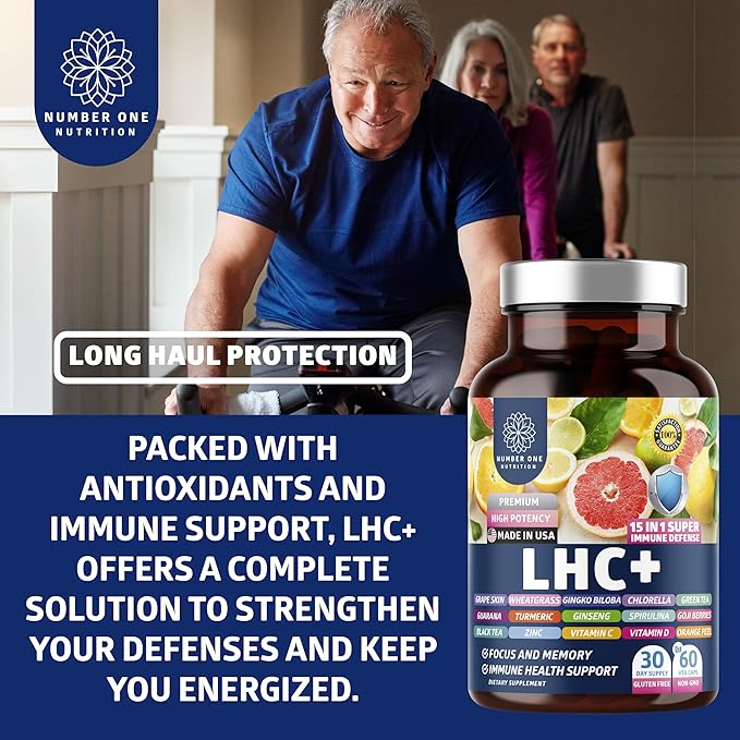 N1N LHC+ 15-in-1 Immune Support Supplement with Spirulina, Turmeric, Ginseng, Guarana, Vitamin D and Vitamin C for Immunity, Energy and Long-Haul Relief, 60 Veg Caps, Bottle Color May Vary