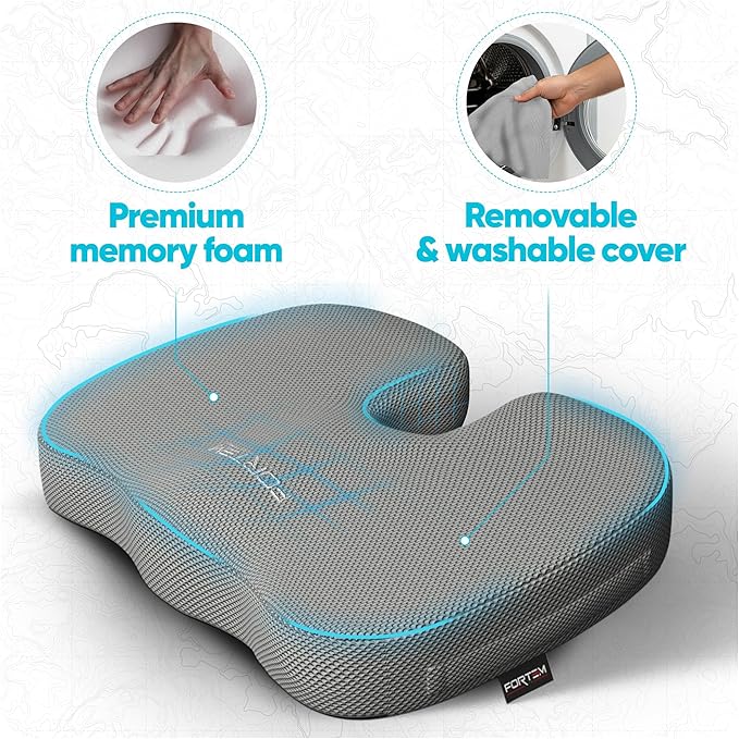 FORTEM Seat Cushion, Office Chair Cushion, Desk Chair Memory Foam, Sciatica Coccyx Tailbone Pain Relief, Pressure Relief, Sitting Pad, for Long Gaming & Sitting, Washable Cover, Non Slip, XL
