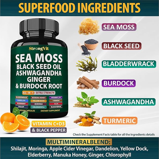Sea Moss Black Seed Oil Ashwagandha Ginger, Organic Sea Moss Capsules with Burdock Root, Irish Seamoss Pills with Bladderwrack, Turmeric, Shilajit, Multimineral Supplement, USA