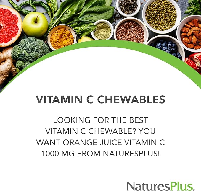 NaturesPlus Orange Juice - 60 Chewable Tablets - 1000mg Vitamin C - High-Potency Immune Support Supplement, Antioxidant - Vegan, Gluten Free - 60 Servings