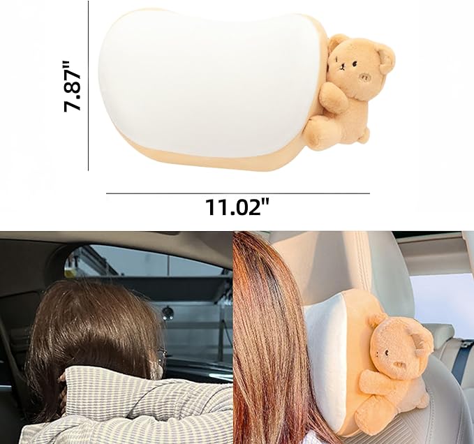 Car Headrest Pillow 2PCS Plush Bear ＆ Bunny Car Seat Headrest Pillow - Memory Foam Neck Support Cushions for Comfortable Driving, Easy Install & Washable (Brown)
