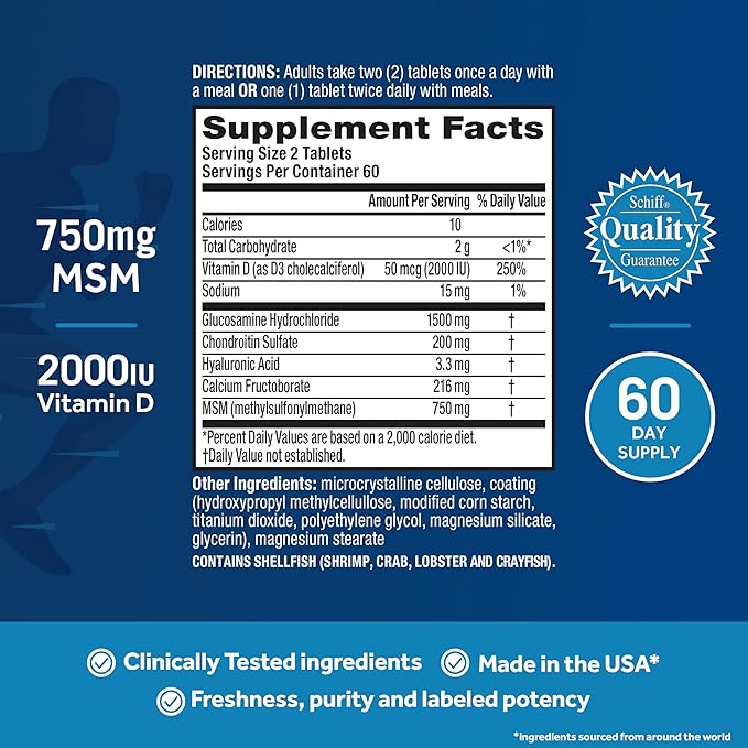 Move Free Advanced Glucosamine Chondroitin MSM + Vitamin D3 Joint Support Supplement, Supports Mobility Comfort Strength Flexibility & Bone + Immune Health - 120 Tablets (60 servings)*