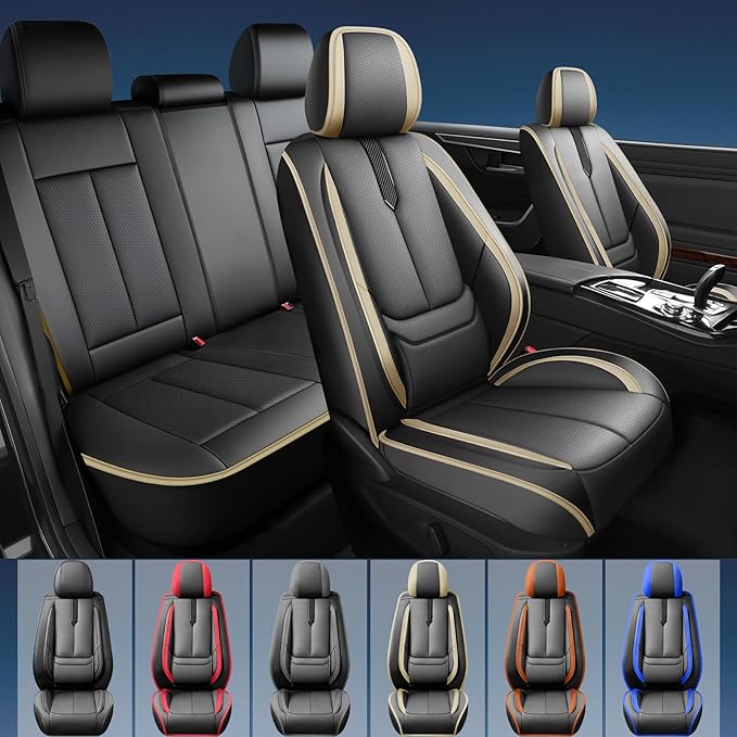 Fit 4Runner Car Seat Covers for Toyota 4Runner 2003-2024 2025 2026 -Upgraded Premium Waterproof & Breathable Leather,Airbag Compatible,All-Weather Seat Cushion Protector,2 Front/Black-Beige