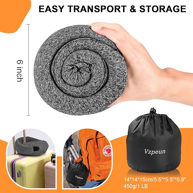 Travel Pillow - Hooded Neck Pillow Airplane Memory Foam Filling for Plane, Office, Cars Sleeping, Road Trip, Long Flights, Airplane Travel Essentials, Includes Eye Mask & Earplugs (Dark Gray)