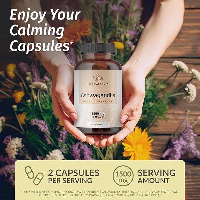HERBAMAMA Ashwagandha Capsules - 1500mg Pure Ashwagandha Root Focus Supplement - Vegan, Non-GMO Mood & Calm Support Supplement for Adults, 100 Caps