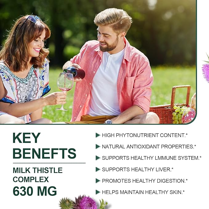 Milk Thistle Silymarin Marianum 630 mg Liver Support, Antioxidant Support, Detox, Liver Protection Capsules for Staying Up Late, Drinking and Hangover, Dull Skin