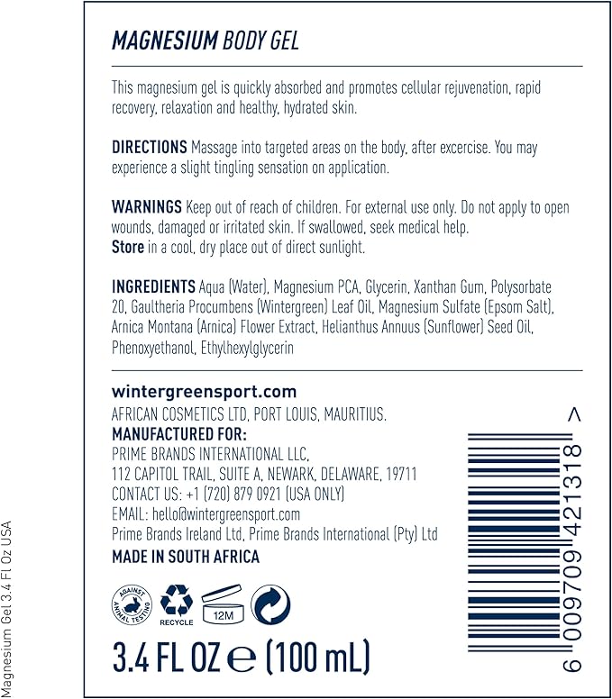 Magnesium Body Gel, Pure Magnesium, Wintergreen Oil, & Arnica Oil, 3-Pack 3.4 Fl Oz Bottles (10.2 Fl Oz Total)