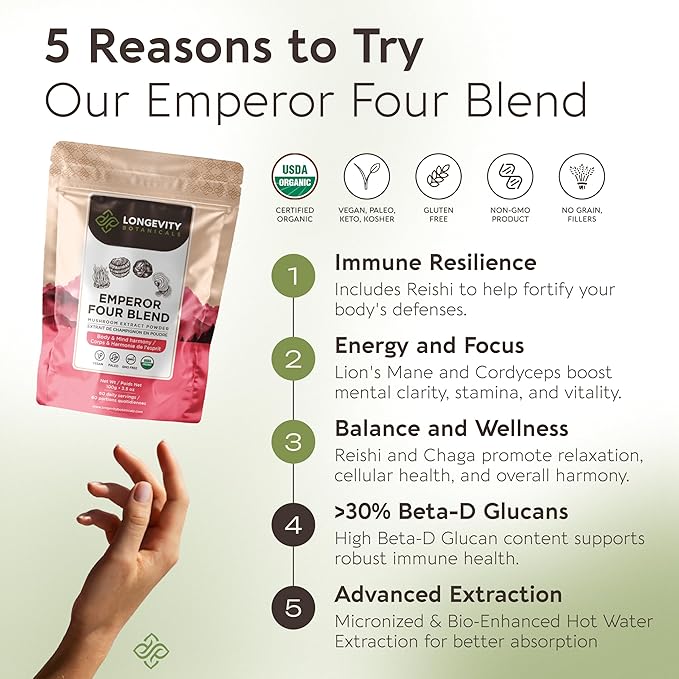 Longevity Botanicals Emperor 4 Organic Mushroom Blend 100g | Reishi, Lion’s Mane, Chaga, Cordyceps | Extract Powder Mix | 10:1 Ratio | 100% Fruiting Bodies | Complex for Immune & Vitality Support