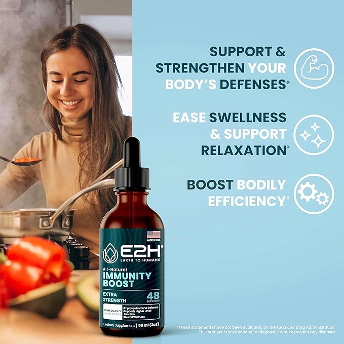 E2H Advanced Immune Defense Supplement - All-Natural Immune Booster - Immune Support Supplements Drops - Contains Holy Basil, Papaya Leaves and Red Banded Polypore - Non-GMO, Vegan - 2 Fl Oz