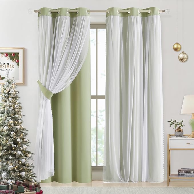Bujasso Sage Green Blackout Curtains with Sheer Overlay Mix and Match Double Layer 90% Room Darkening Window Panels 95 inch Living Room Bedroom Green Drapes with Tiebacks Grommet Top 37" Wx95 Lx2