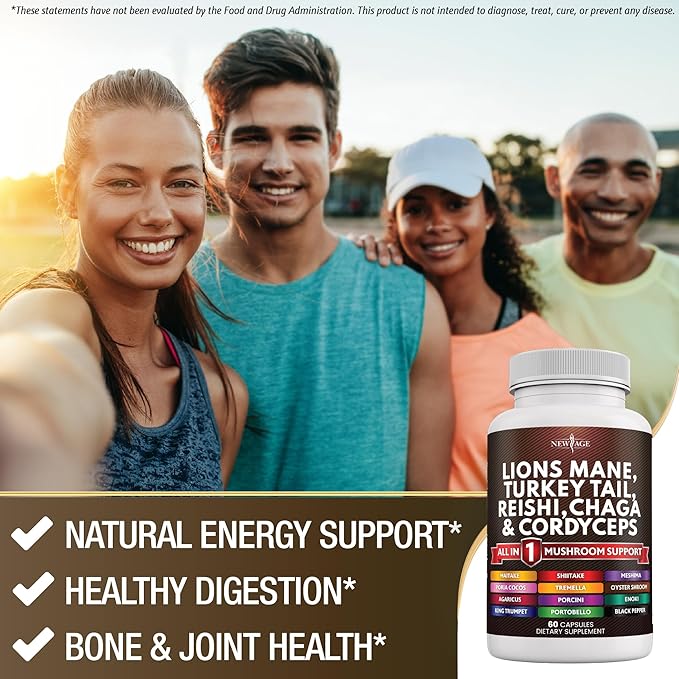 NEW AGE Lions Mane Mushroom Supplement with Turkey Tail Reishi Cordyceps Chaga with Marshmallow Root 180 Count