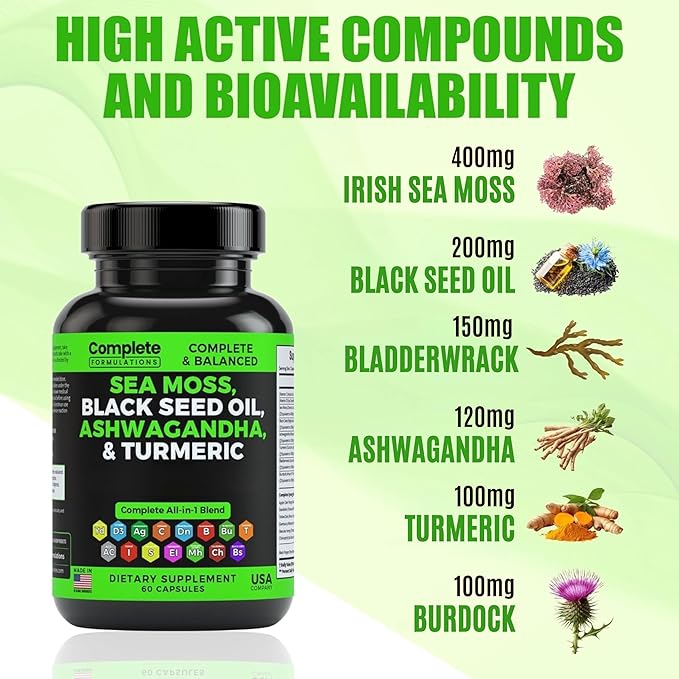 Sea Moss Supplement Blend with Black Seed Oil Ashwagandha Turmeric Bladderwrack, Burdock & Vitamin C & D3 with Elderberry Manuka Dandelion Yellow Dock Iodine