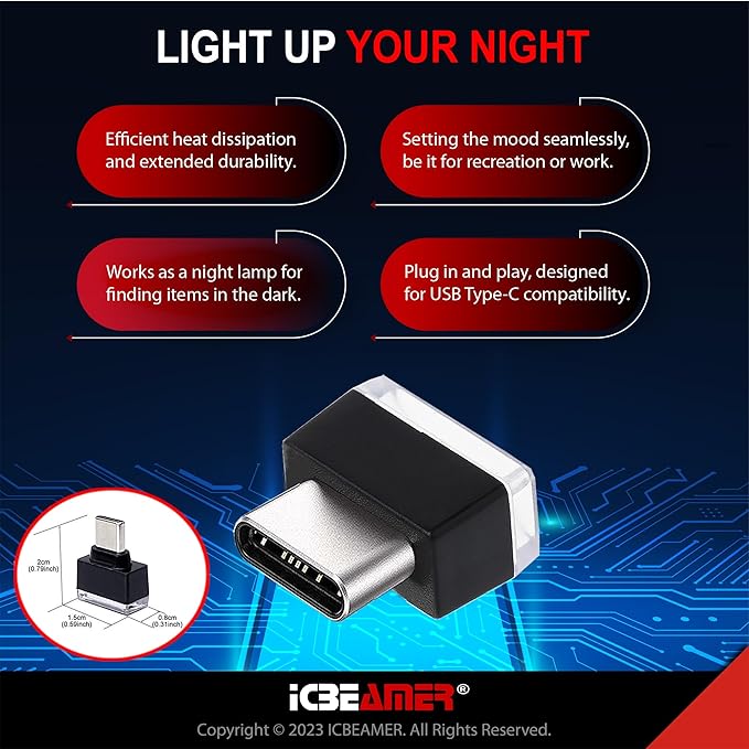 ICBEAMER Type C Adapters Atmosphere Light 2-Pack (Yellow) | Universal Plug-in Miniature LED Night Light for Car Interior and Trunk Ambient Lighting Solution