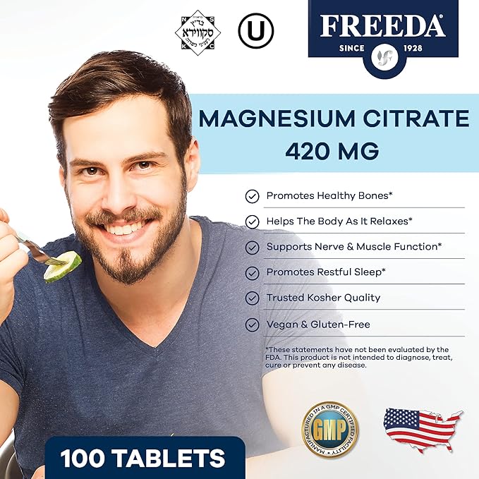 Freeda Magnesium Citrate 400mg Per Serving - Pure Magnesium Citrate Magnesium Supplement - Magnesium Citrate Tablets - Mag Citrate Magnesium Mineral Supplements - Magnesium Pills (100 Ct)