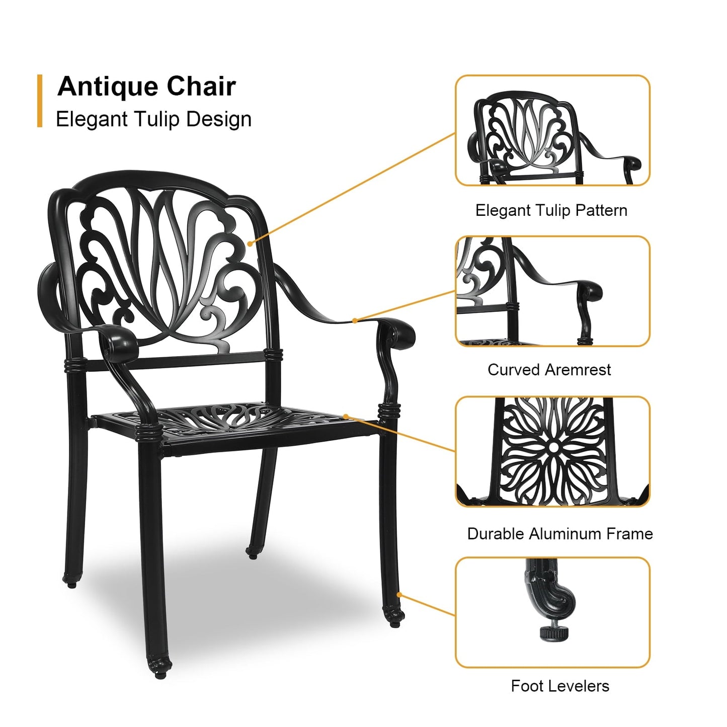 PATIO-IN Outdoor Dining Chairs Set of 4 Aluminum Patio Chairs,Stackable Cast Aluminum Patio Patio Dining Chairs for Garden, Backyard, Poolside,Balcony, Black (4 Pack)