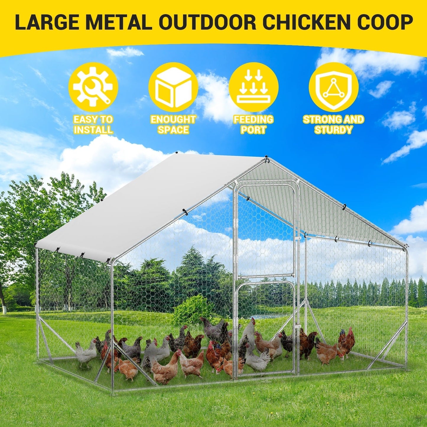 Large Metal Chicken Coop, Chicken Runs for Yard with Cover, Large Chicken Pen with Double Door, Walk in Chicken Coop for Outdoor Farm Yard, 6.5'L x 9.8'W x 6.5'H