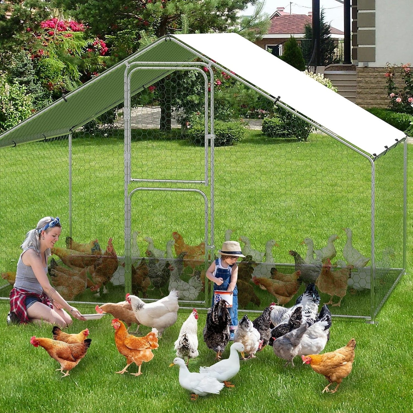 Large Metal Chicken Coop Run with Double Doors & Waterproof Roof Cover, Outdoor Walk-in Cage Peak Hen House for Yard Farm, 9.8' W x 6.5' D x 6.5' H
