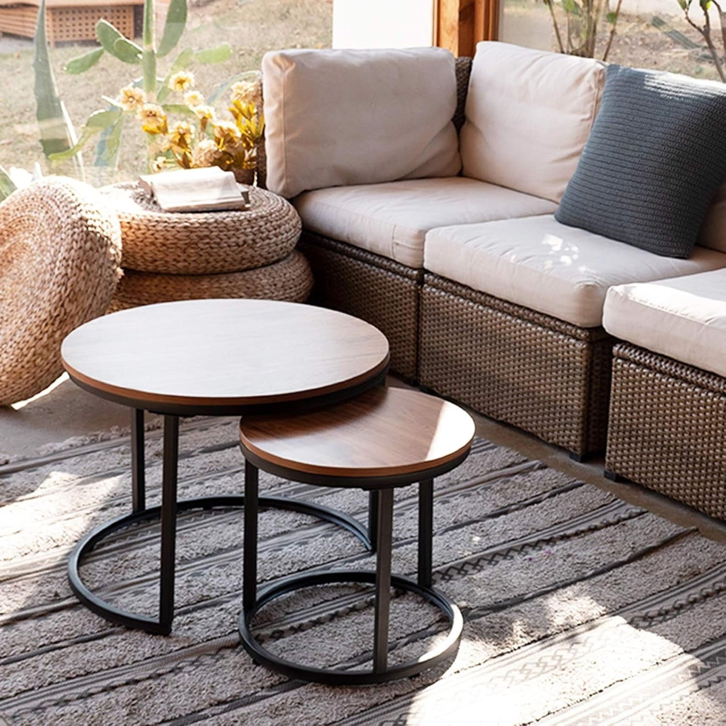 Modern Industrial Round Nesting Coffee Table Set of 2 – Sturdy Metal Frame Side & End Tables for Living Room, Bedroom, Apartment – Simple Nightstand or Centerpiece