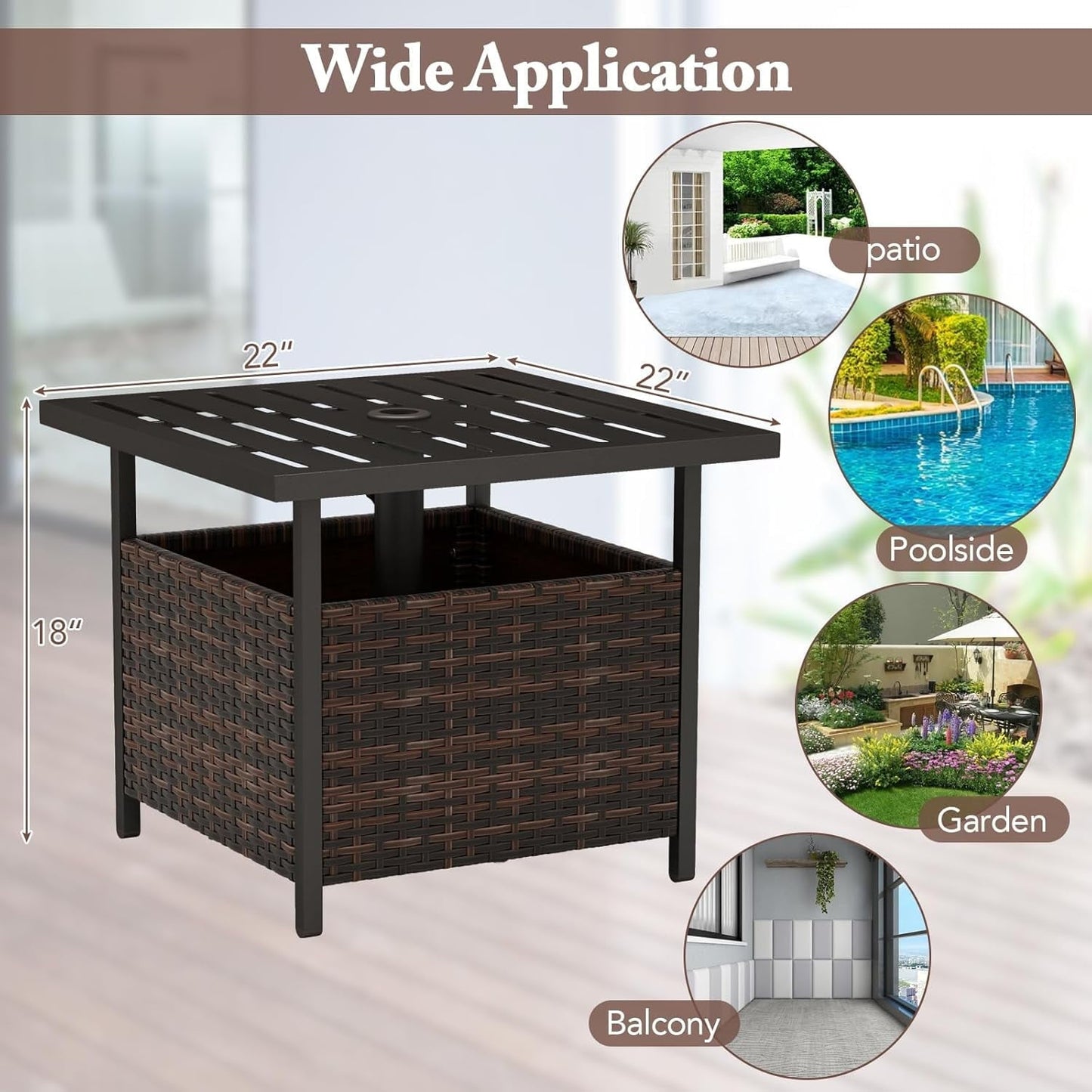 SUPQ Outdoor Side Table with Umbrella Hole, 22" Wicker Umbrella Stand Holder and Base, Weather-Resistant PE Rattan Patio End Table for Deck Garden Poolside (Metal Tabletop, Brown)