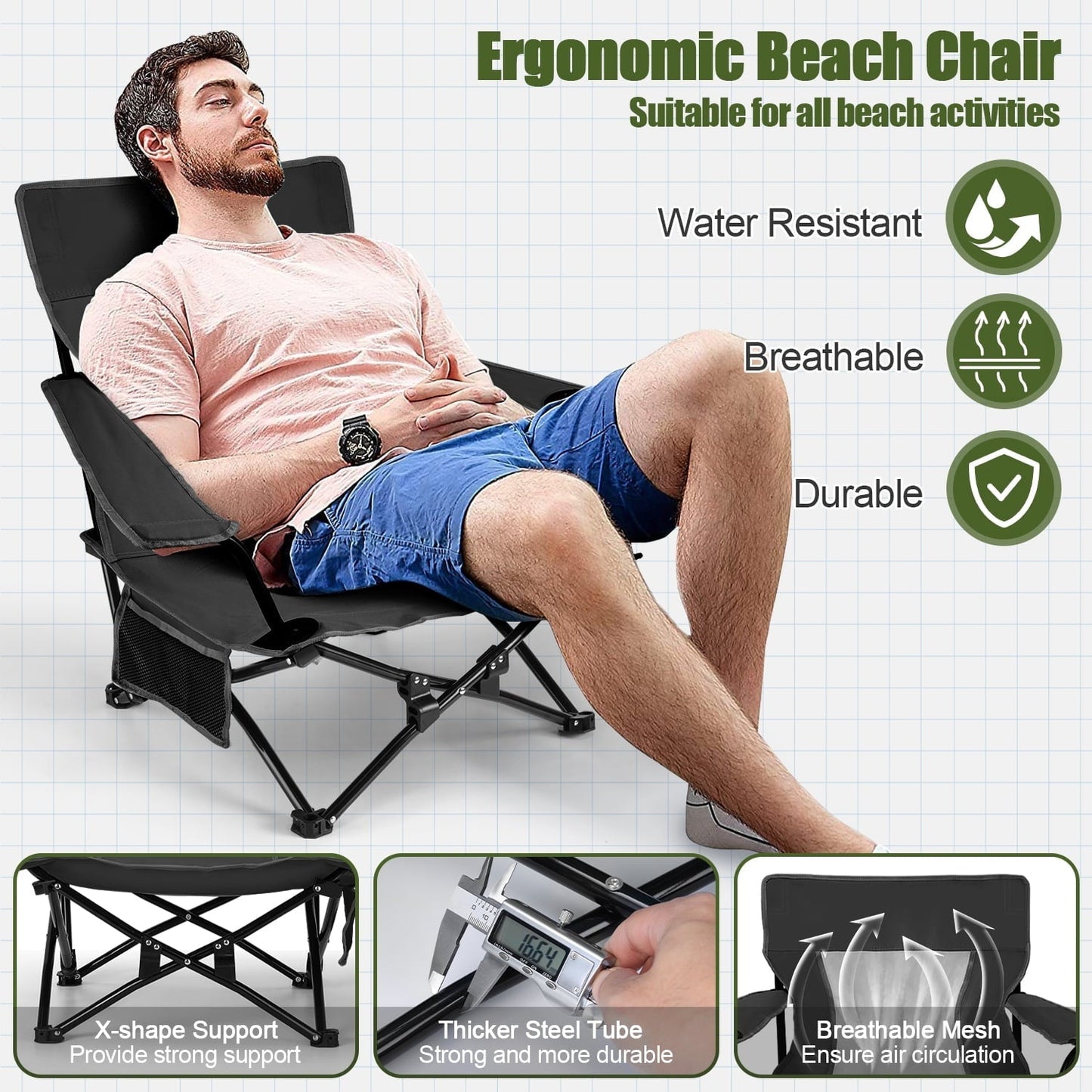 Hasteel Folding Beach Chair for Adults, Low Seat Camping Chair with High Back, Wide Seat Chair with Cup Holder & Carry Bag, Heavy Duty Portable Chair for Outdoor Picnic Travel (2 Pack of Black)
