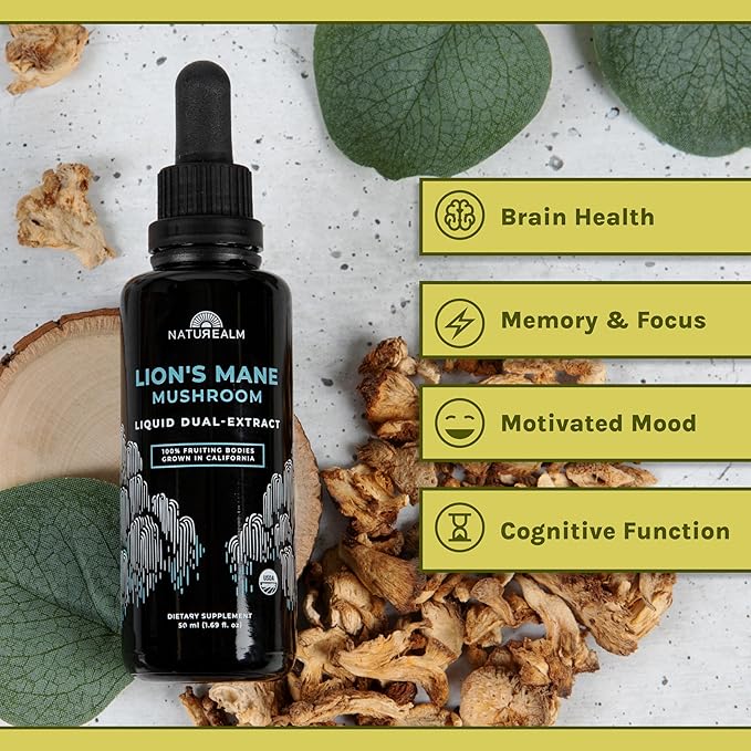 Naturealm Lion’s Mane Mushroom Liquid Tincture Supplement – Focus, Memory & Brain Health, Vegan, Non-GMO – Organic Fruiting Bodies, 1 Month Supply