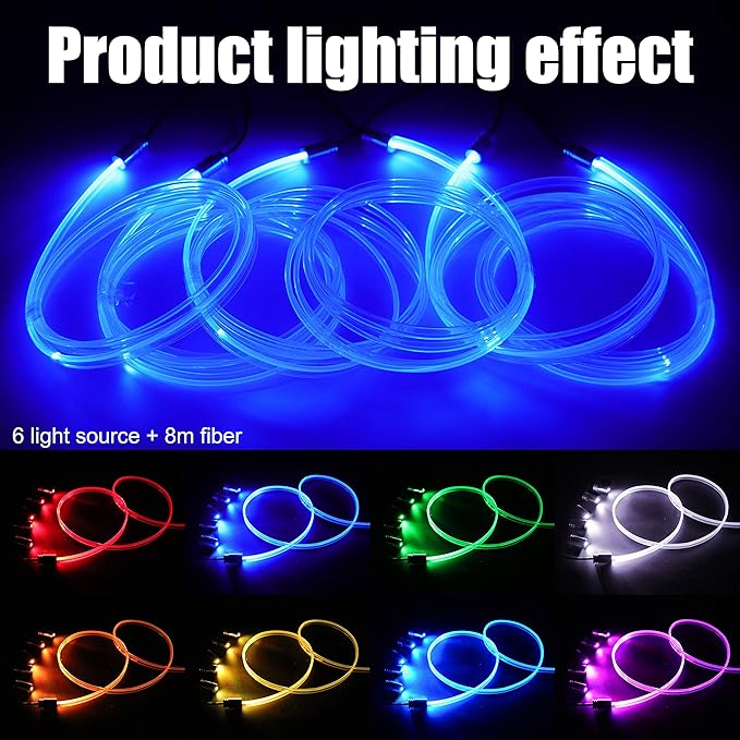 Car Atmosphere Light Kit 8m Fiber Optic RGB Multicolor Sound Active Music Sync Memory Function RF Remote Controller + Bluetooth APP Control 64 Colors USB Car Interior Ambient Lighting Kit 12V
