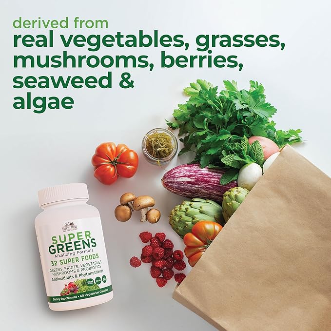 COUNTRY FARMS Super Greens Vegicaps, 32 Super Foods, Whole Food Supplement, Greens, Fruit, Vegetables, Mushrooms & Probiotics, Rich in Antioxidants & Phytonutrients, 60 Count, 30 Servings