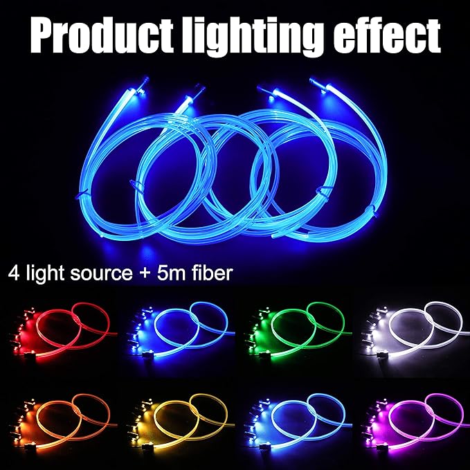 Car Ambient Lighting Optic Fiber 64 Colors Music Sound Active with RF Remote Control + APP Control Car Decorative Atmosphere Lighting Kit DC 12V 1W 5m