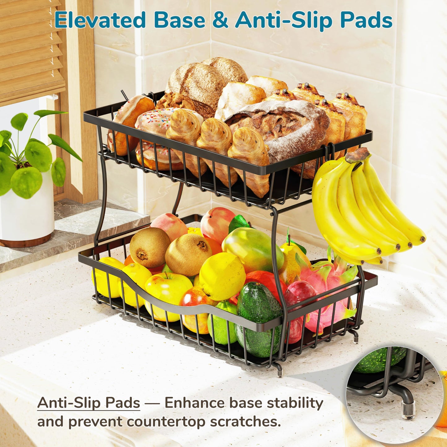 Zurklulu 2-Tier Fruit Basket for Kitchen Counter with 2 Banana Hangers – Metal Fruit Bowl for Onion, Vegetable, Snacks, Breads Storage – Countertop Organizer – Black, Large