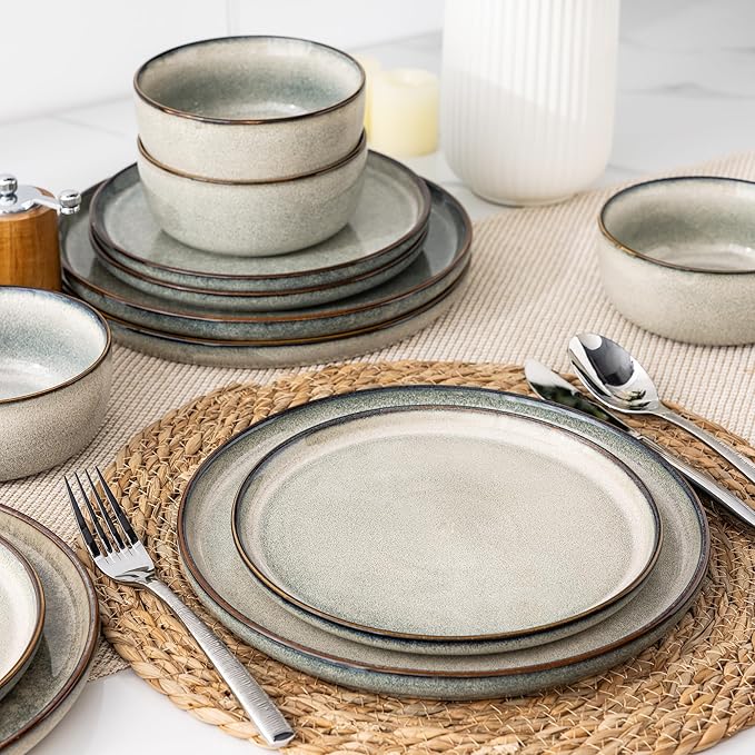 GBHOME Ceramic Dinnerware Sets for 8, 24 Pieces Stoneware Plates and Bowls Sets, Scratch Resistant Dishes, Dishwasher & Microwave Safe, Reactive Glaze-Green Wheat