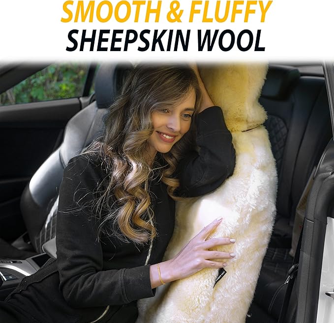 ZONETECH Sheepskin Seat Covers Fuzzy Car Seat Covers Ivory Australian Merino Wool Fluffy Fur Auto Accessories All Season Protection for Your Seats Universal Fits Most Car SUV Airbag Compatible
