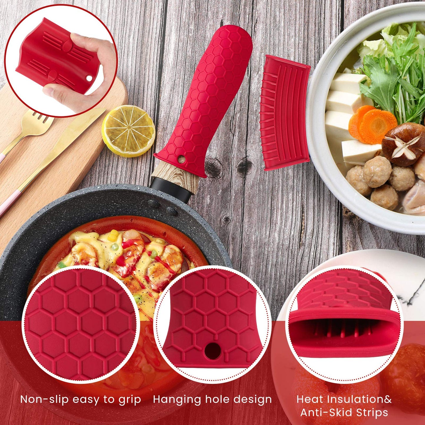 Patelai 8 Pcs Silicone Pot Holders Set Cast Iron Handle Cover Heat Resistant Pot Handle Covers Potholder Non Slip Reusable Pan Sleeve for Frying Pan Kitchen Supplies(Red)
