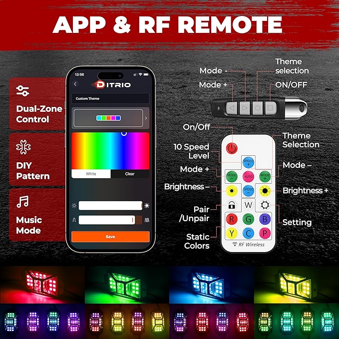4 Pods Five Sided RGB Rock Lights for Trucks Jeep UTV SUV ATV Golf Cart, Multi Chasing Color App/Remote Control Led Rock Lights with Music Mode, Waterproof Exterior Underglow Kits for Cars