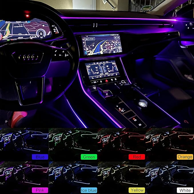 USB Car Ambient Lighting Optic Fiber 64 Colors Music Sound Active with APP Control Car Decorative Atmosphere Lighting Kit DC 12V 1W 3m with QC 3.0 car Charger