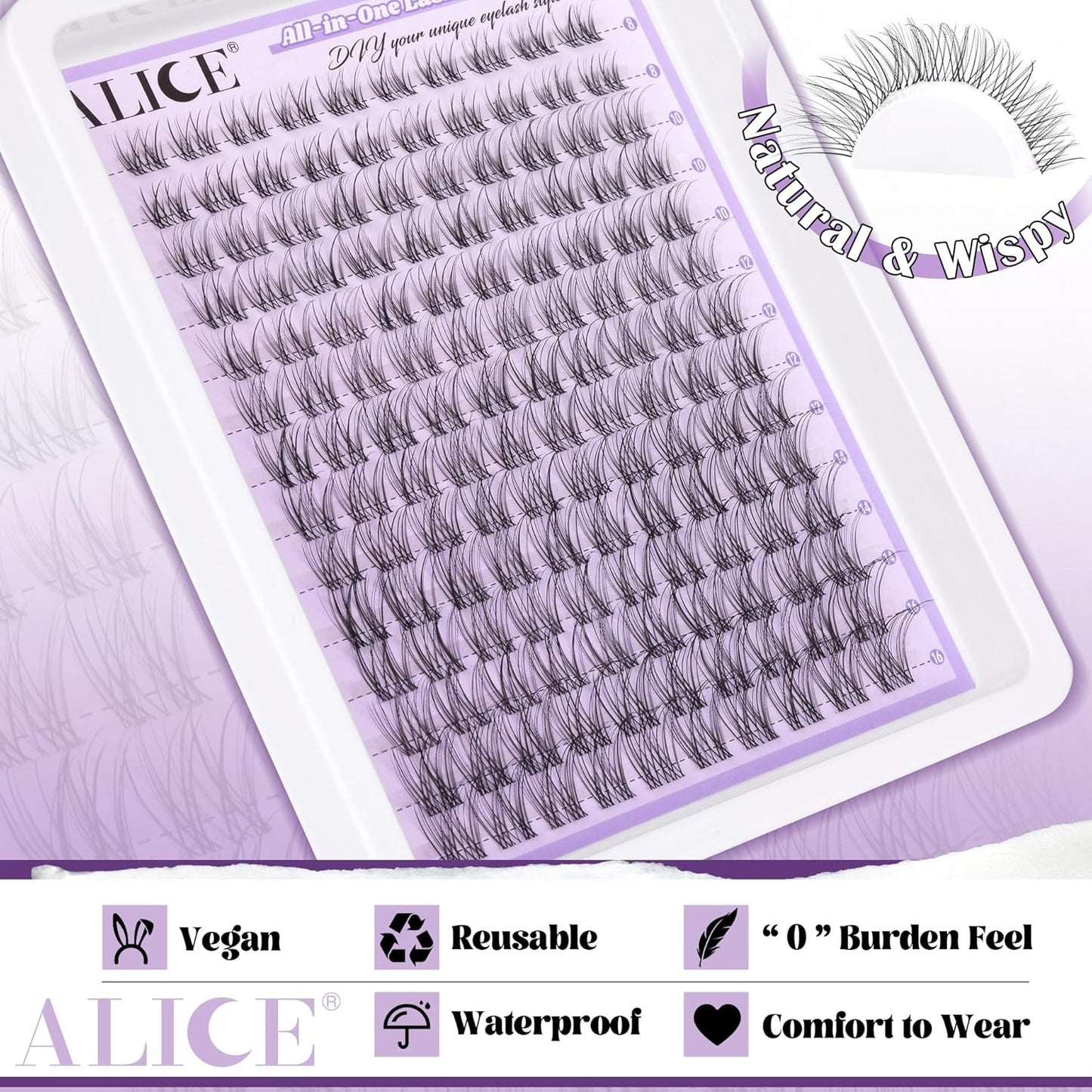ALICE DIY Eyelash Extension Kit | 196pcs Natural Wispy Clusters | 10-18mm