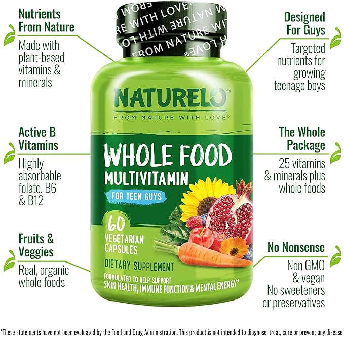 NATURELO Teen Multivitamin - Whole Food Multivitamin for Teenage Boys - Minerals Supplement for Active Kids - with Plant Extracts - Non-GMO - Vegan & Vegetarian - 60 Capsules