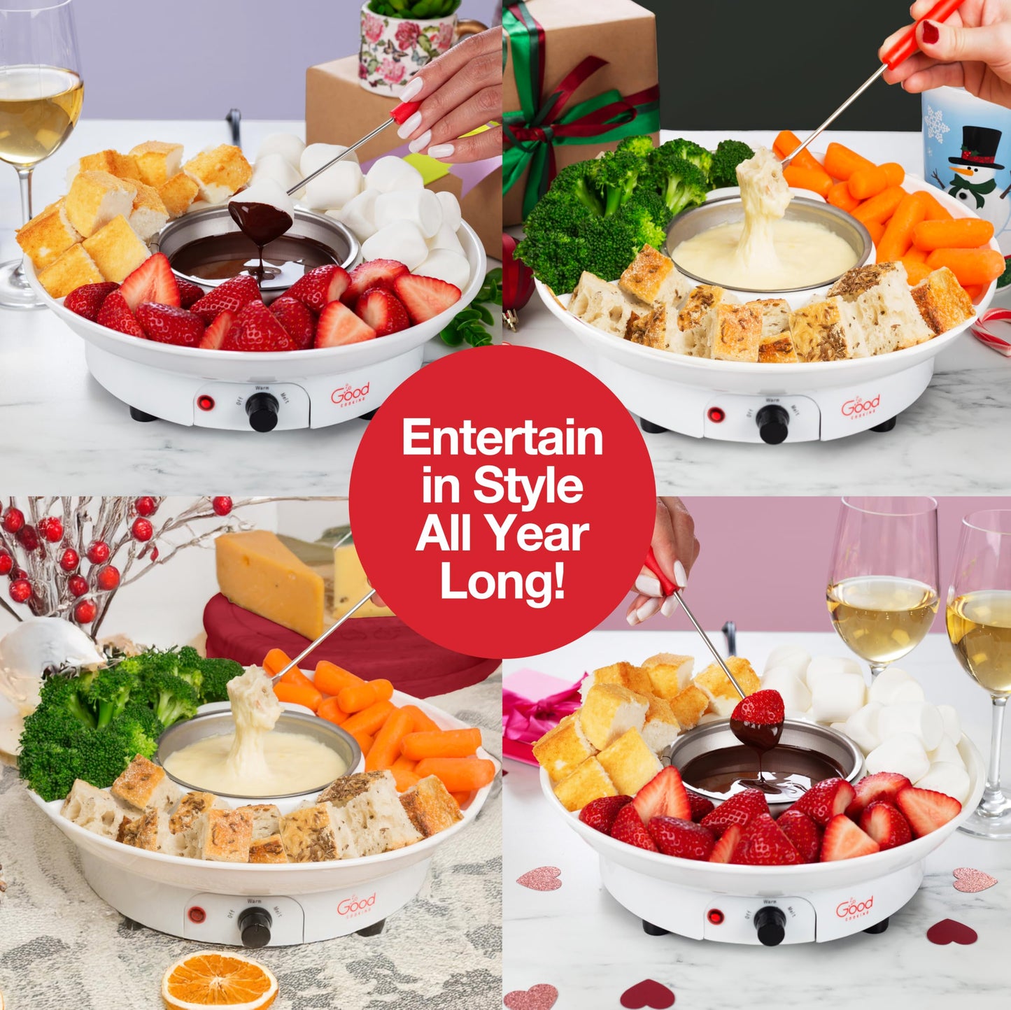 Electric Fondue Maker Deluxe Set w 4 Forks- Removable Serving Tray & Chocolate Melting, Warming Setting- 4th of July Summer S'mores Kit- Dip Snacks Marshmallows Strawberries- Party Appetizers Desserts