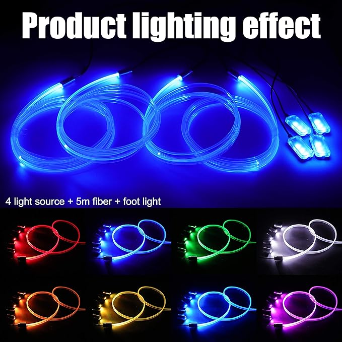 5 m Optic Fiber Car Ambient Lighting Kit RF Remote Control 64 Colors Multicoloured Music Interior Footwell Lighting Kit 12V 1W