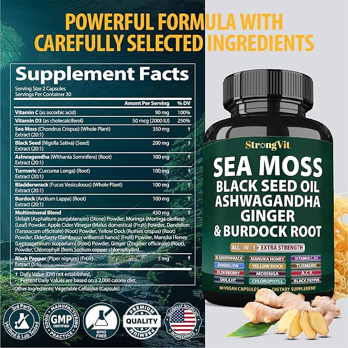 Sea Moss Black Seed Oil Ashwagandha Ginger, Organic Sea Moss Capsules with Burdock Root, Irish Seamoss Pills with Bladderwrack, Turmeric, Shilajit, Multimineral Supplement, USA