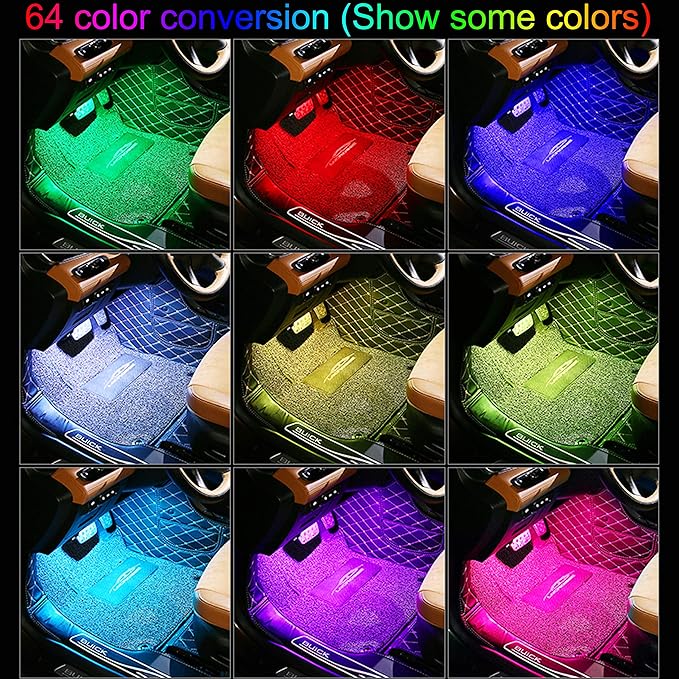 Car Ambient Lighting with Bluetooth App Control + RF Remote Control 64 Colors Multicoloured Music Interior Footwell Lighting Kit DC 12V 1W
