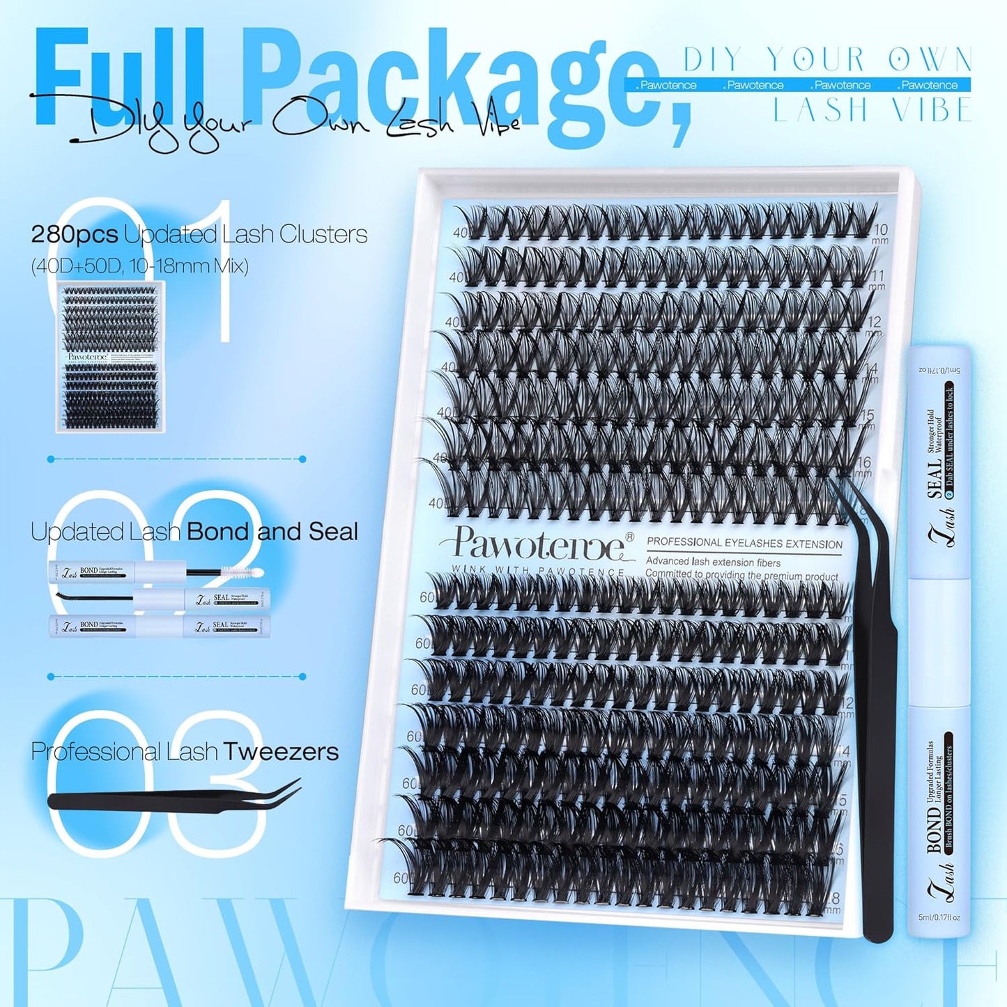 Pawotence DIY Lash Extension Kit | 280pcs 50D Individual Clusters 9-16mm