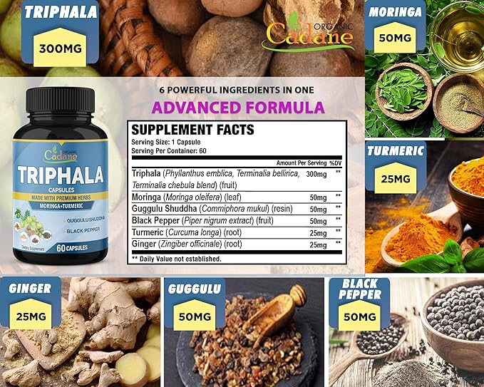 Organic Cadane Triphala Extract Capsules - 6 Premium Ingredients Complex with Turmeric, Moringa, Guggul, Ginger, and Black Pepper - 60 Caps for 2 Months Supply