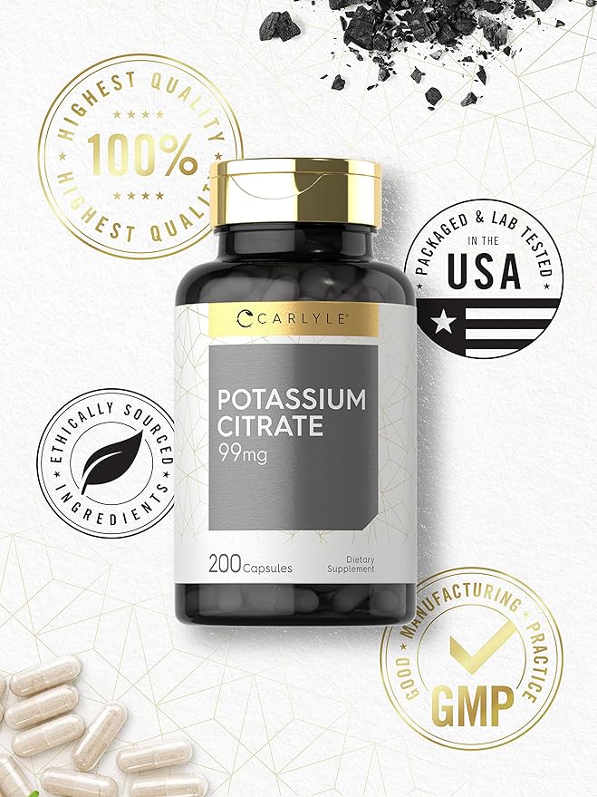 Carlyle Potassium Citrate Supplement | 99mg | 200 Capsules | Non-GMO and Gluten Free