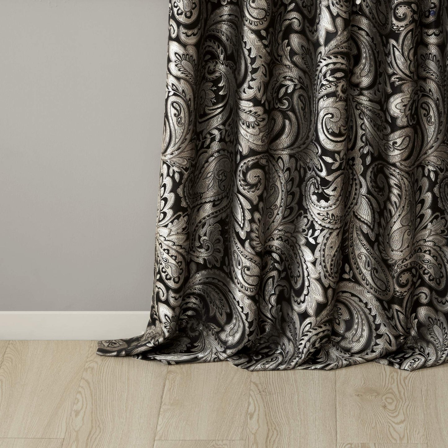 Madison Park Aubrey 2 Panel Curtain Faux Silk Paisley Jacquard, Rod Pocket Curtain For Living Room, Kitchen, Room Darkening Window Drape for Bedroom and Dorm, 2-PK 50x84", Black